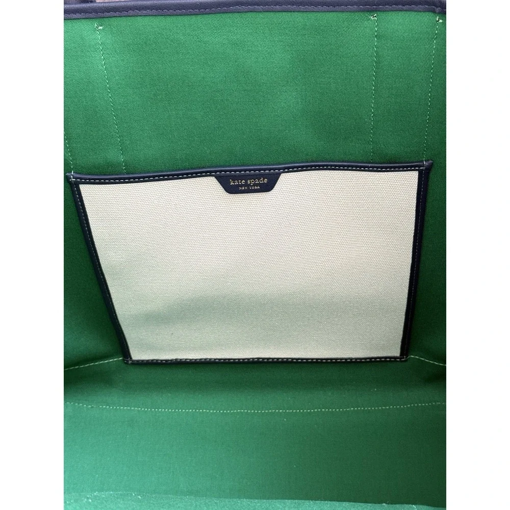 Kate Spade Canvas Racing Stripe Large Tote Bag Cream/Navy Green/Blue Stripe EUC